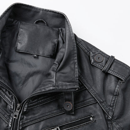 Leather Coat Men's Vintage Washed Faded Edge Stand Collar