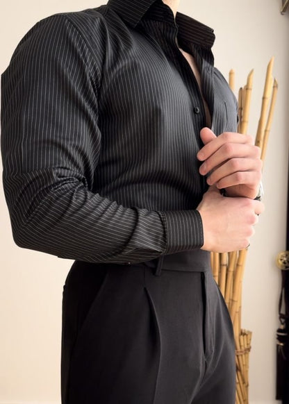 Men's Striped Long Sleeve Shirt-Black - Gadgets and more