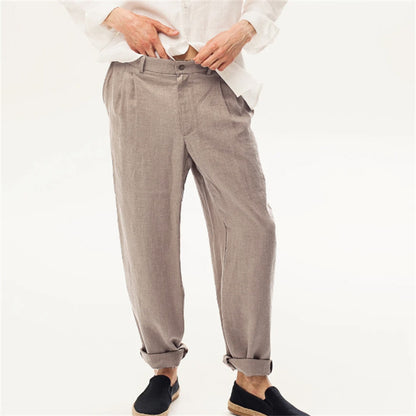 Linen Front Dart Diagonal Pocket Loose Straight Casual Breathable Trousers