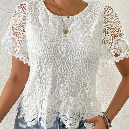Women's Elegant White Lace V-Neck Blouse With Floral Cut-Out Detail Short Sleeve