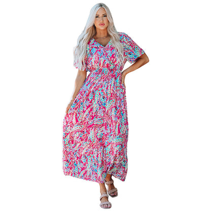 Summer New Short Sleeve V-neck Pullover Floral Skirt Women