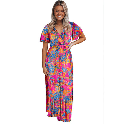 Summer New Short Sleeve V-neck Pullover Floral Skirt Women