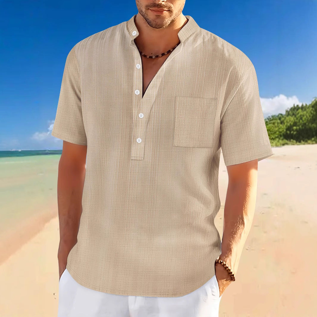 Stand Collar Short Sleeve Loose Leisure Vacation Henley Shirt - Gadgets and more