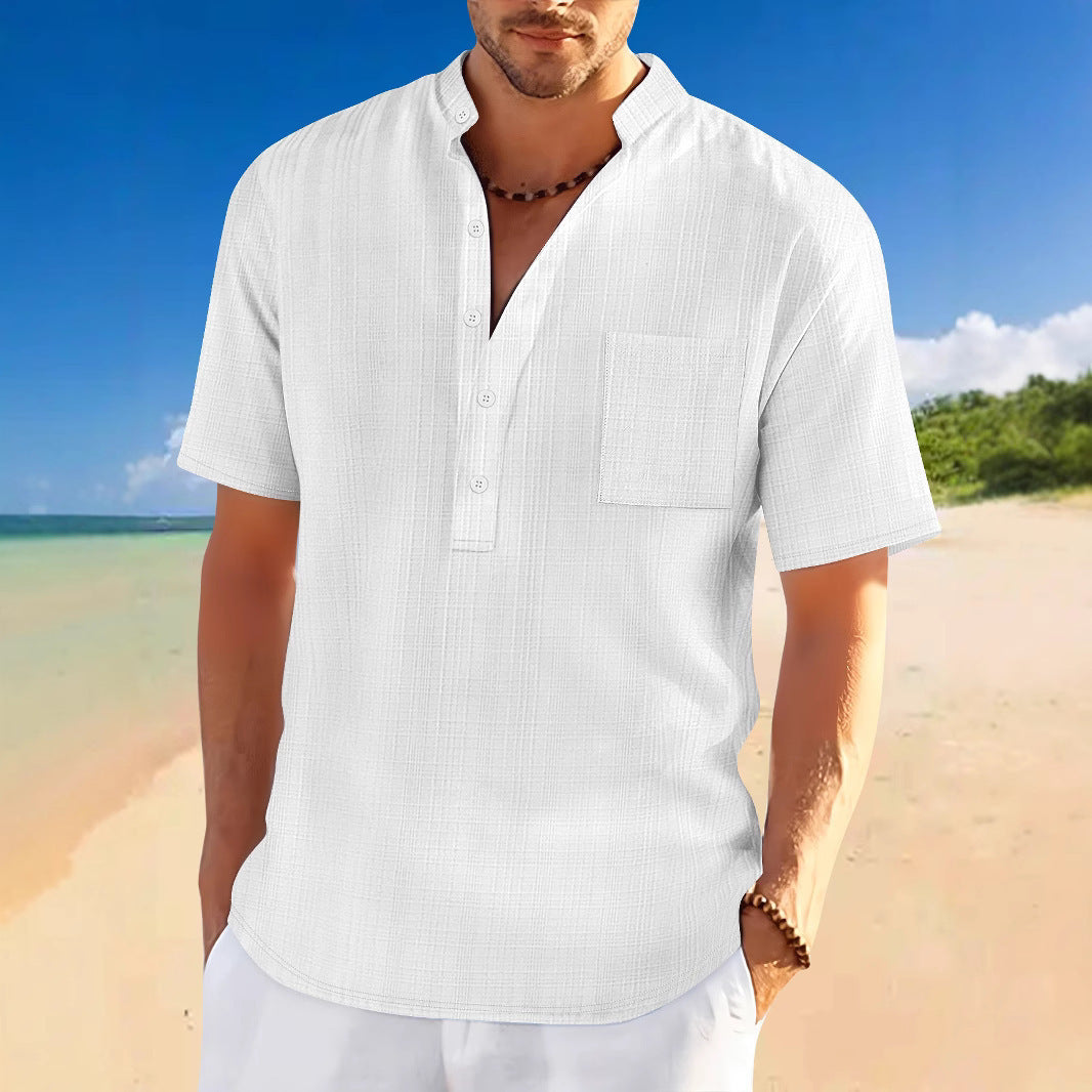 Stand Collar Short Sleeve Loose Leisure Vacation Henley Shirt - Gadgets and more