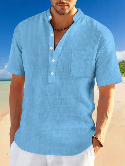 Stand Collar Short Sleeve Loose Leisure Vacation Henley Shirt - Gadgets and more