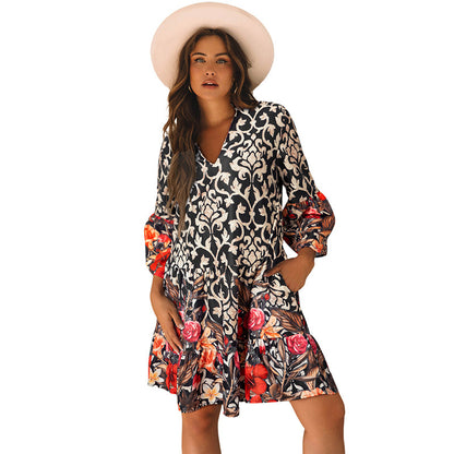 European And American Retro Flower Printed V-neck Dress Women
