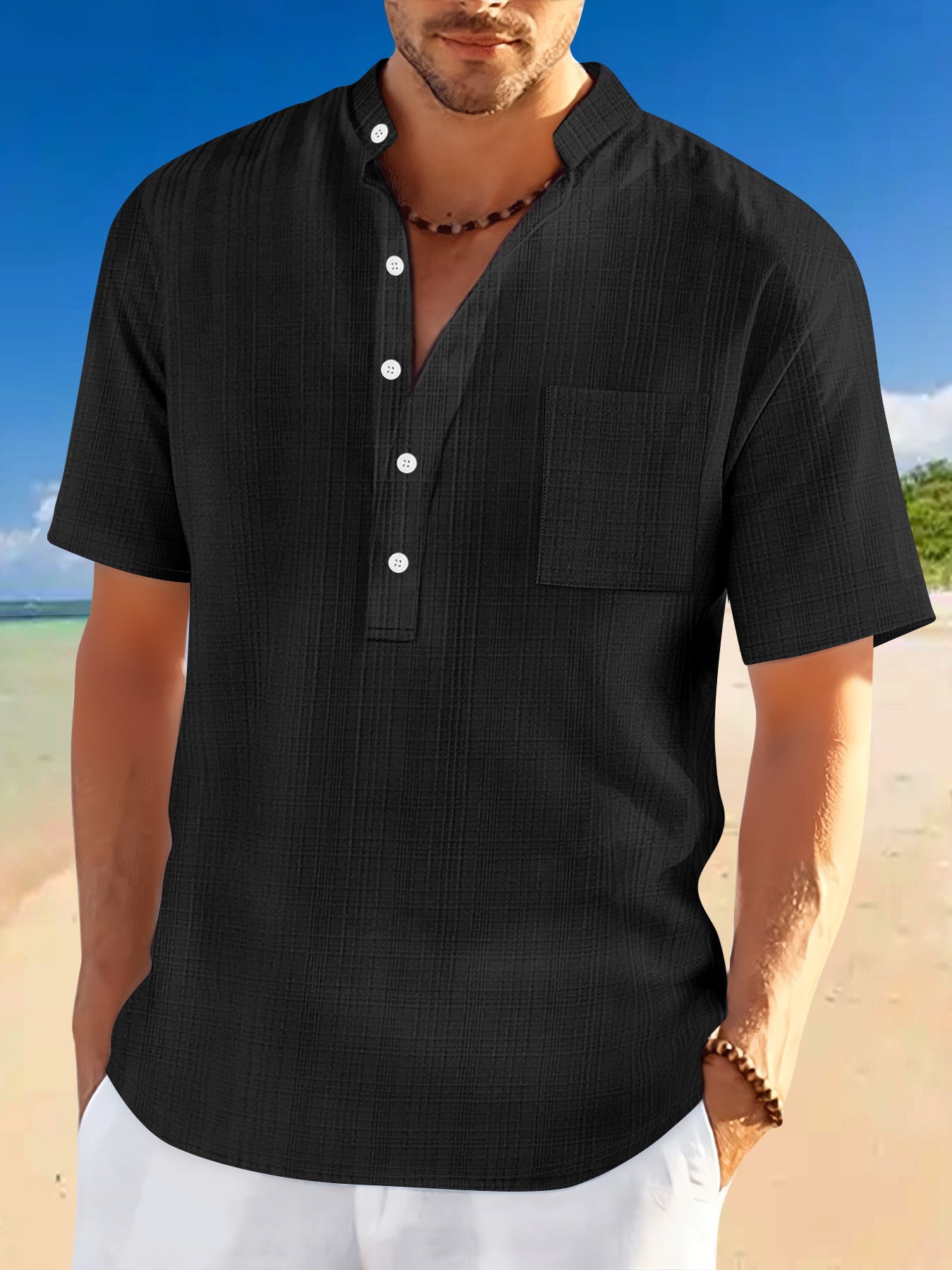 Stand Collar Short Sleeve Loose Leisure Vacation Henley Shirt - Gadgets and more