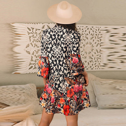 European And American Retro Flower Printed V-neck Dress Women