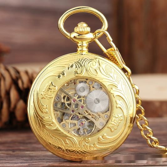 Flip Necklace Gold Double-sided Carved Shield Manual Manipulator Pocket Watch - Gadgets and more