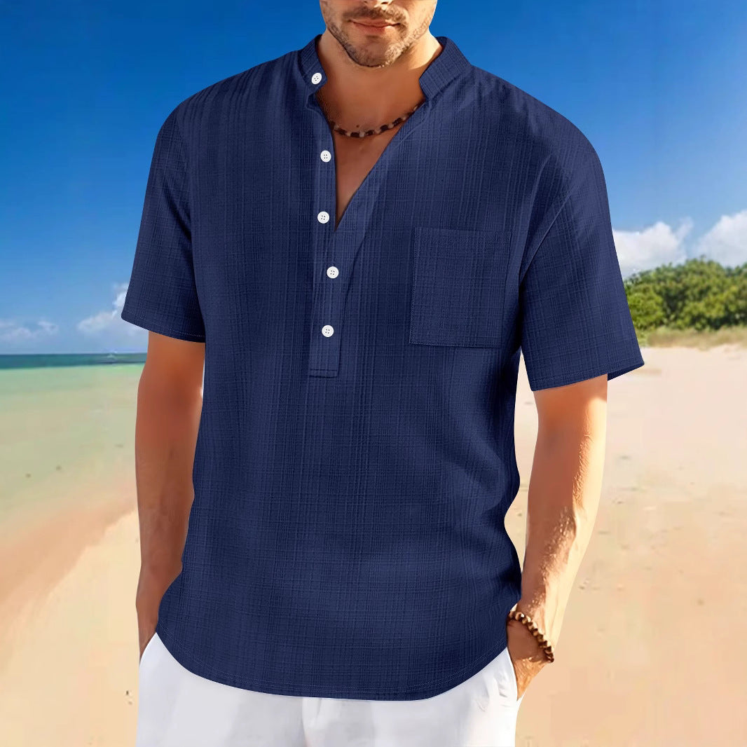Stand Collar Short Sleeve Loose Leisure Vacation Henley Shirt - Gadgets and more