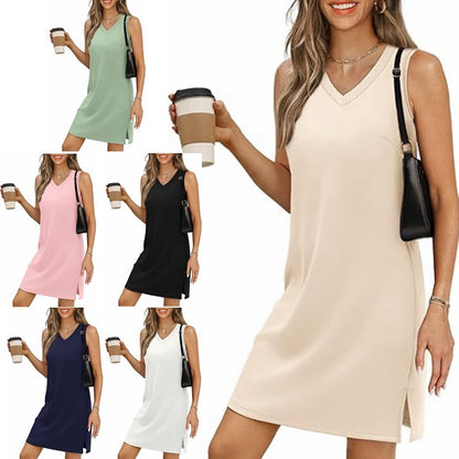 Women's V-neck Sleeveless Slit Hemline At Hem Solid Color Vest Dress