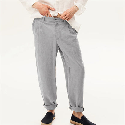 Linen Front Dart Diagonal Pocket Loose Straight Casual Breathable Trousers