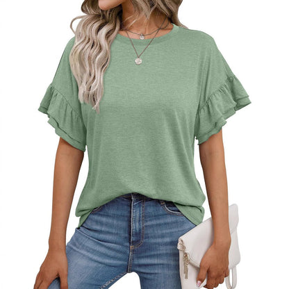 Solid Color Round Neck Ruffle Sleeve Short Sleeve T-shirt Top - Gadgets and more