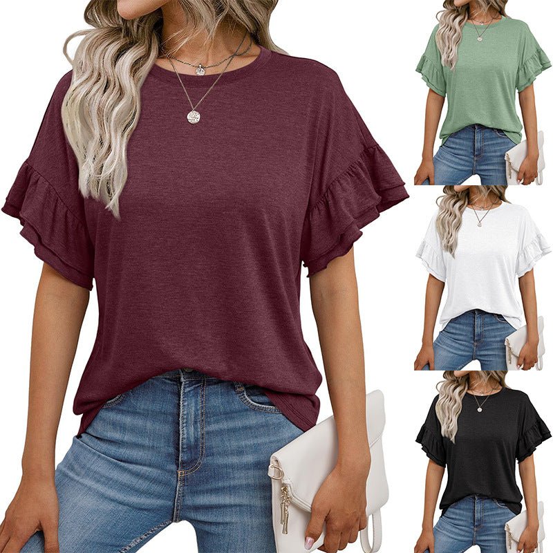 Solid Color Round Neck Ruffle Sleeve Short Sleeve T-shirt Top - Gadgets and more