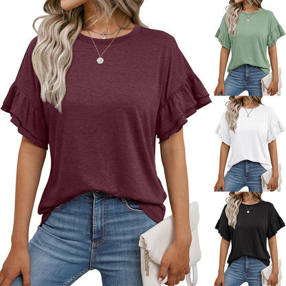 Solid Color Round Neck Ruffle Sleeve Short Sleeve T-shirt Top - Gadgets and more