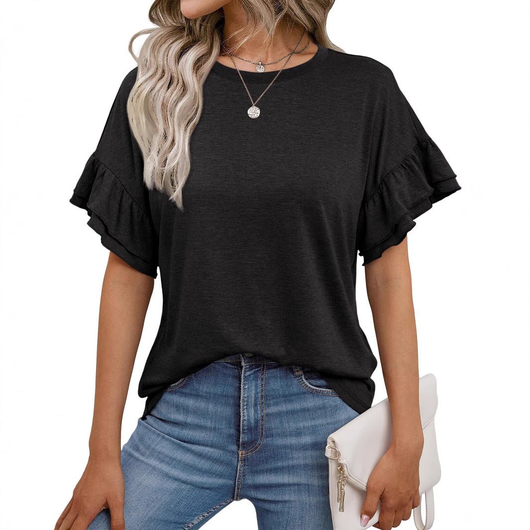 Solid Color Round Neck Ruffle Sleeve Short Sleeve T-shirt Top - Gadgets and more