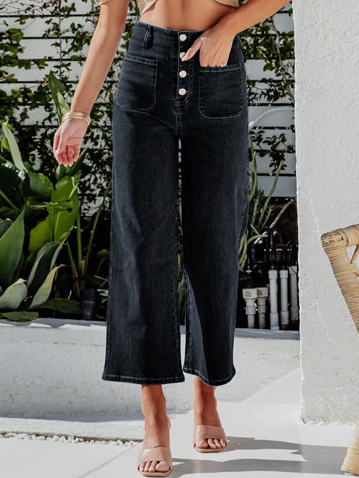 Retro Loose Straight Single Row Ornament High Waist Wide Leg Women's Jeans - Gadgets and more