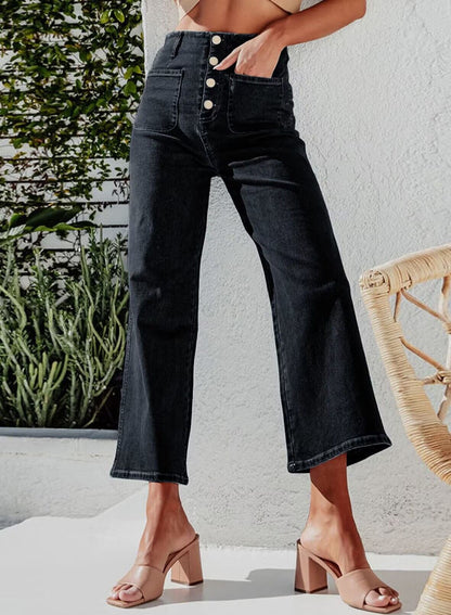 Retro Loose Straight Single Row Ornament High Waist Wide Leg Women's Jeans - Gadgets and more