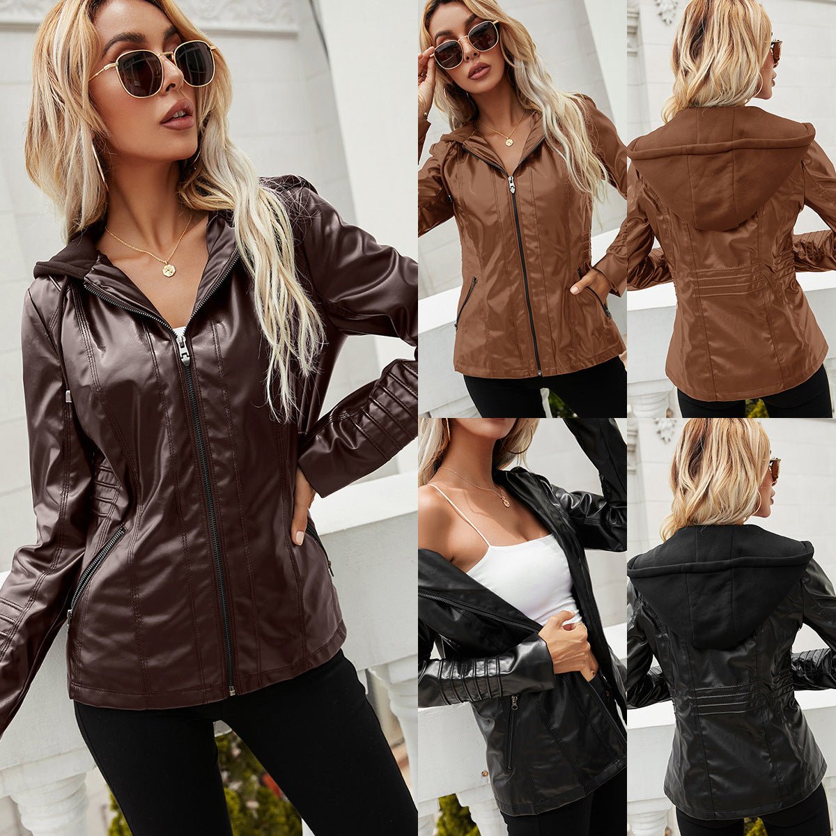 Hooded Zipper Long Sleeve Solid Color Women's Leather Jacket - Gadgets and more