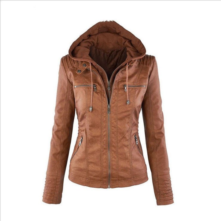 Hooded Zipper Long Sleeve Solid Color Women's Leather Jacket - Gadgets and more