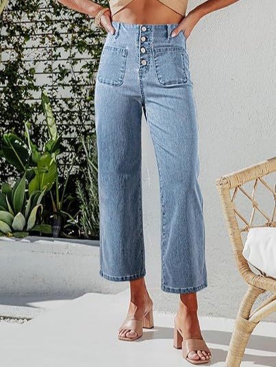 Retro Loose Straight Single Row Ornament High Waist Wide Leg Women's Jeans - Gadgets and more