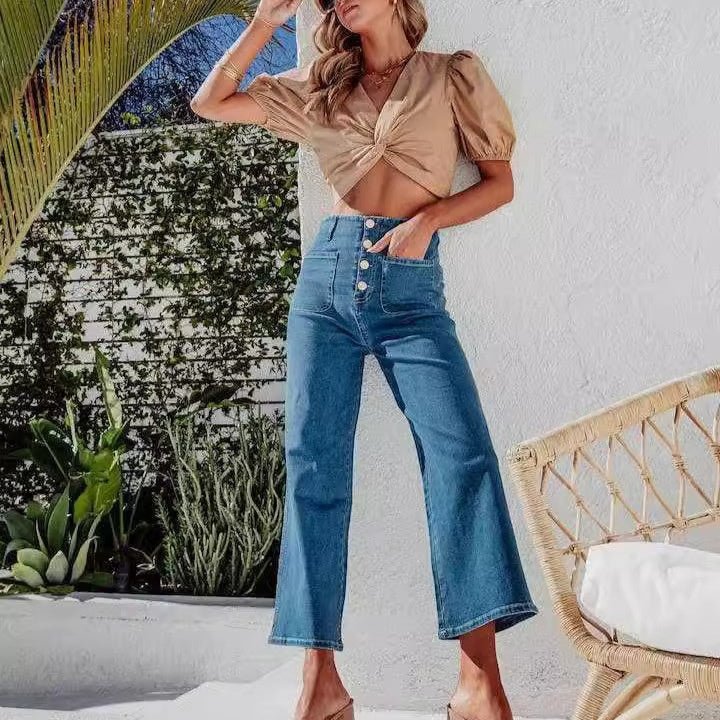 Retro Loose Straight Single Row Ornament High Waist Wide Leg Women's Jeans - Gadgets and more