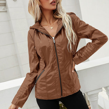 Hooded Zipper Long Sleeve Solid Color Women's Leather Jacket - Gadgets and more