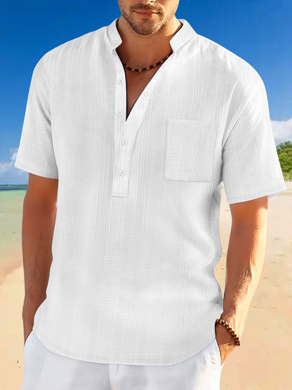 Stand Collar Short Sleeve Loose Leisure Vacation Henley Shirt - Gadgets and more