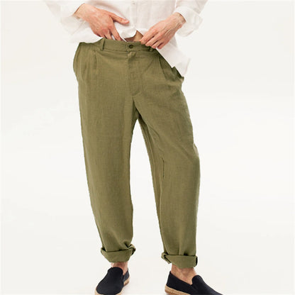 Linen Front Dart Diagonal Pocket Loose Straight Casual Breathable Trousers