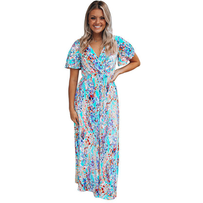 Summer New Short Sleeve V-neck Pullover Floral Skirt Women