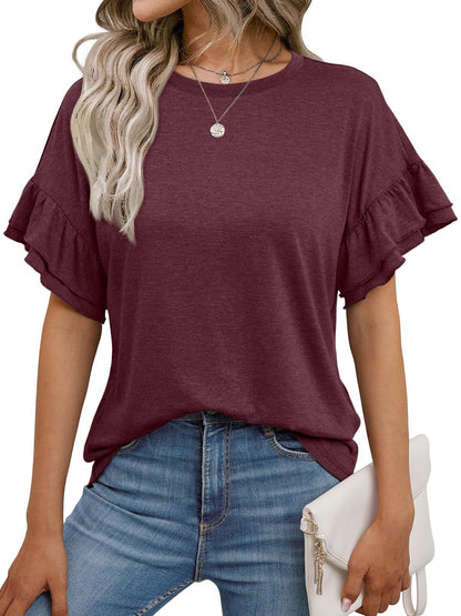 Solid Color Round Neck Ruffle Sleeve Short Sleeve T-shirt Top - Gadgets and more