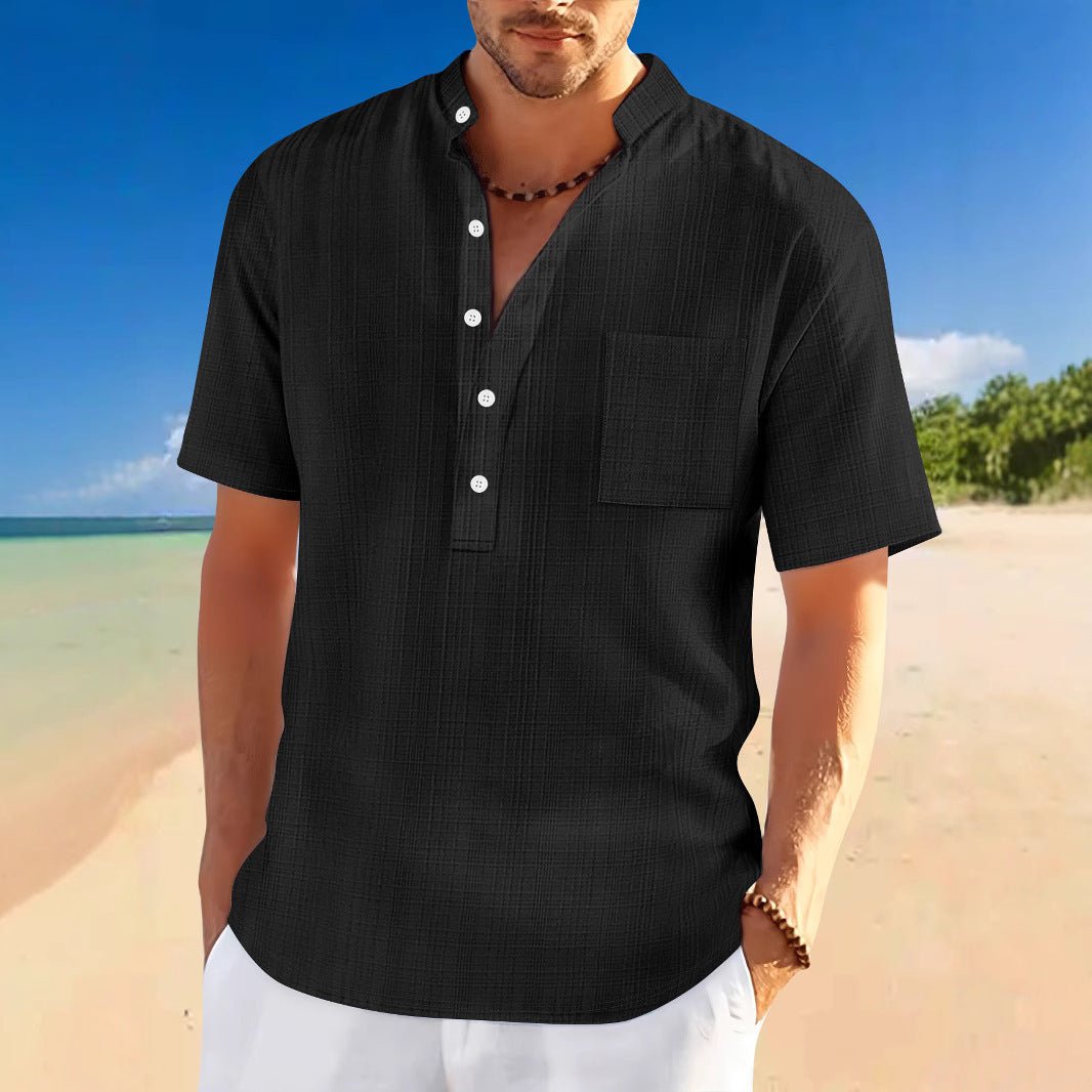 Stand Collar Short Sleeve Loose Leisure Vacation Henley Shirt - Gadgets and more