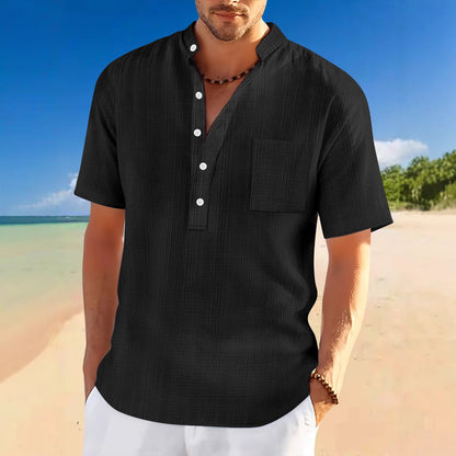 Stand Collar Short Sleeve Loose Leisure Vacation Henley Shirt - Gadgets and more