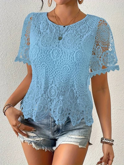 Women's Elegant White Lace V-Neck Blouse With Floral Cut-Out Detail Short Sleeve