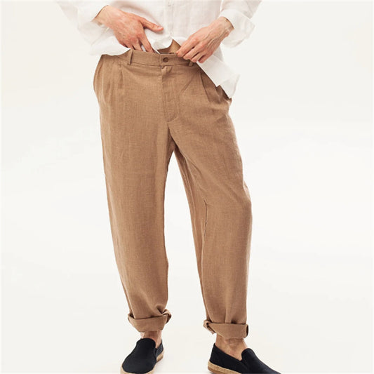 Linen Front Dart Diagonal Pocket Loose Straight Casual Breathable Trousers - Gadgets and more