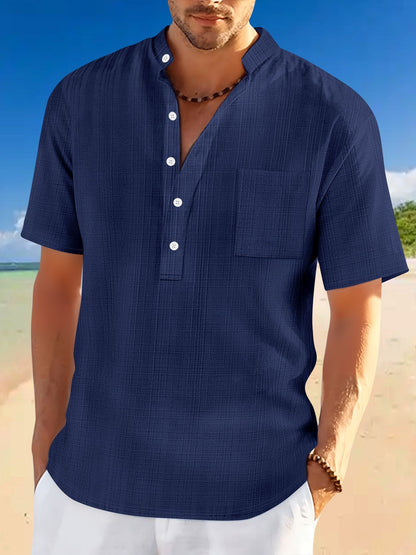 Stand Collar Short Sleeve Loose Leisure Vacation Henley Shirt - Gadgets and more