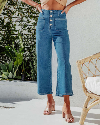 Retro Loose Straight Single Row Ornament High Waist Wide Leg Women's Jeans - Gadgets and more