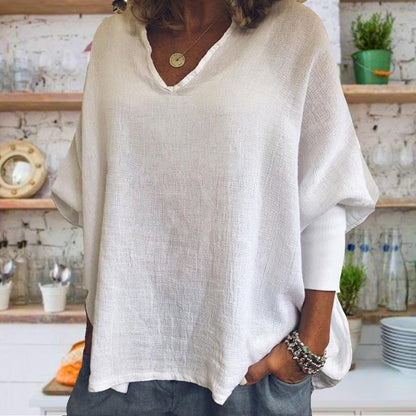 V - neck Solid Color Cotton And Linen Threaded Long Sleeve T-shirt - Gadgets and more