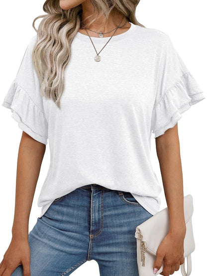 Solid Color Round Neck Ruffle Sleeve Short Sleeve T-shirt Top - Gadgets and more